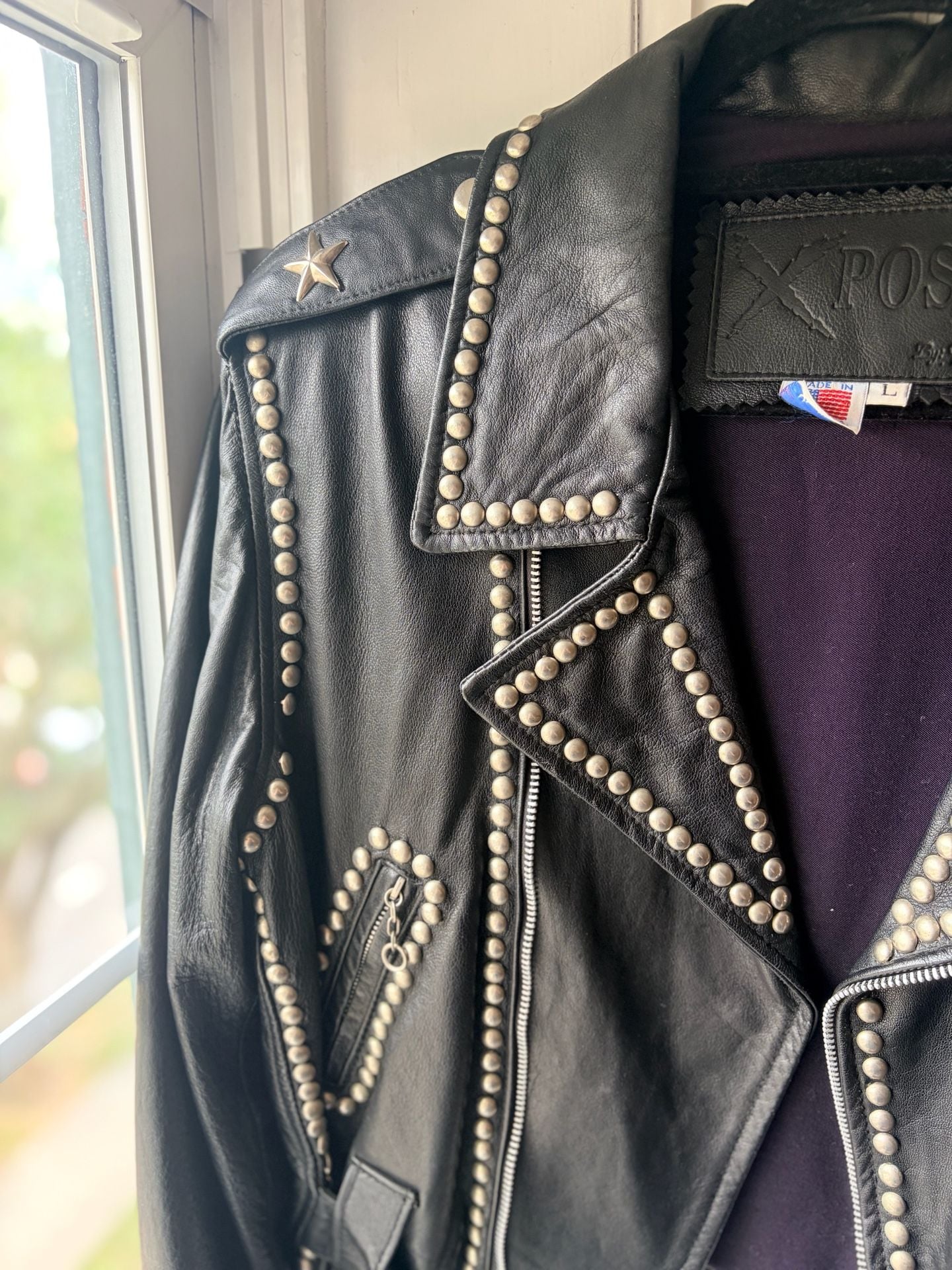 X-POSE 1980s Studded Eagle Biker Leather Jacket Grunge Streetwear 6