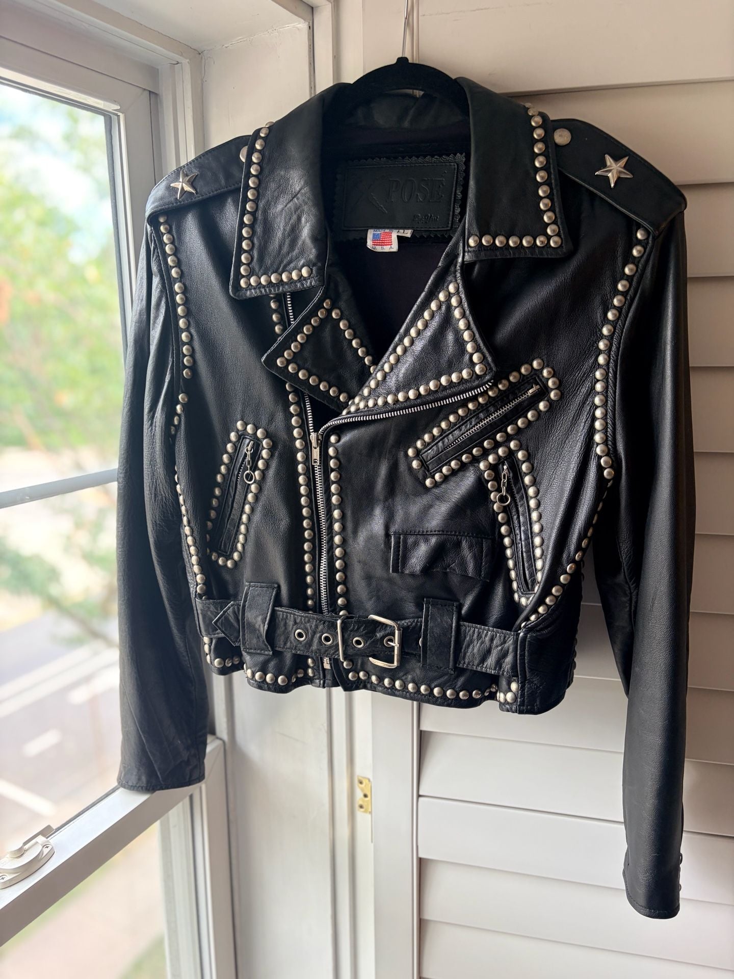 X-POSE 1980s Studded Eagle Biker Leather Jacket Grunge Streetwear 10