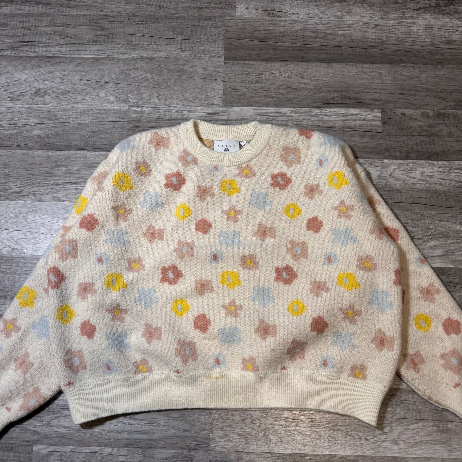 Daisy Street Floral Jacquard Sweater Size L Cream Pink Yellow 3