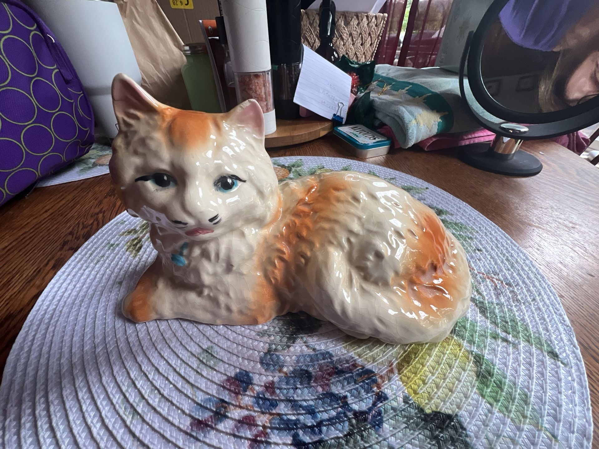 Vintage Ceramic Cat Figurine Orange and White Laying Down with Blue Bow 1