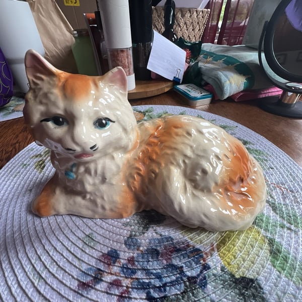 Vintage Ceramic Cat Figurine Orange and White Laying Down with Blue Bow