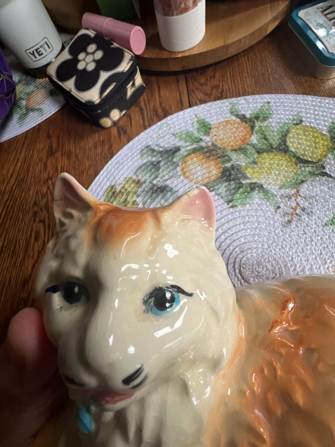 Vintage Ceramic Cat Figurine Orange and White Laying Down with Blue Bow 3