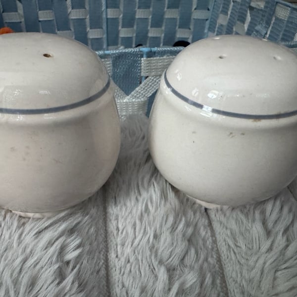 Vintage White Ceramic Salt and Pepper Shakers with Blue Trim Set of 2