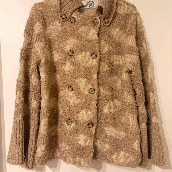 Rosie Neira Intarsia Light Brown Knit Bell Sleeve Cardigan Sweater XS