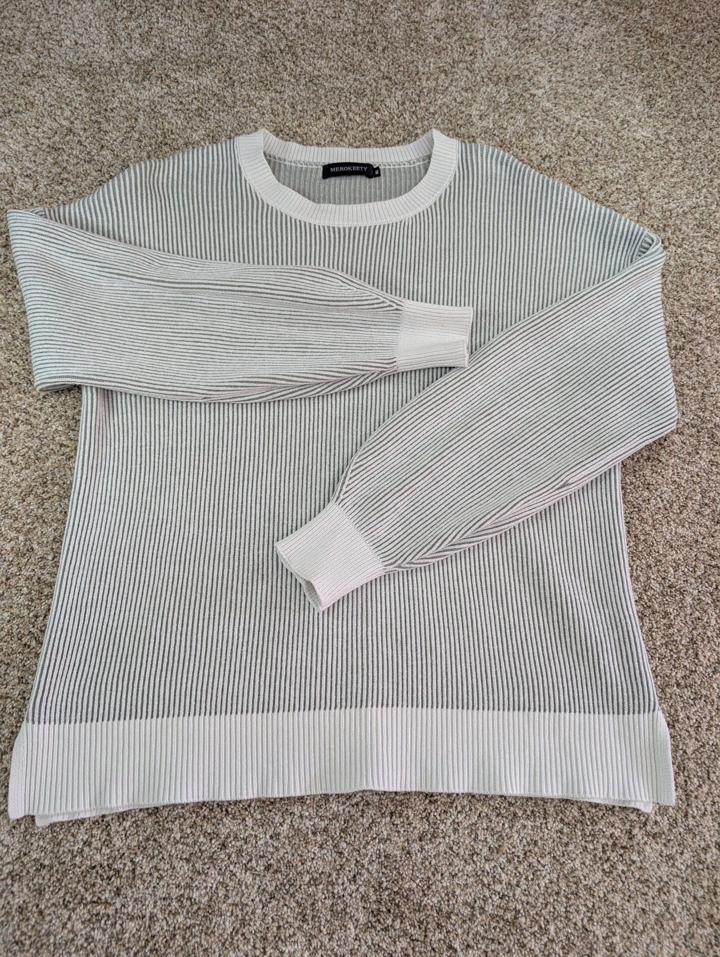 Merokeety Ribbed Knit Sweater Size XL Green Cream Striped Long Sleeve 2