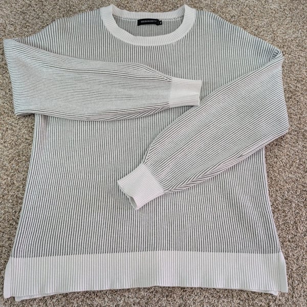Merokeety Ribbed Knit Sweater Size XL Green Cream Striped Long Sleeve