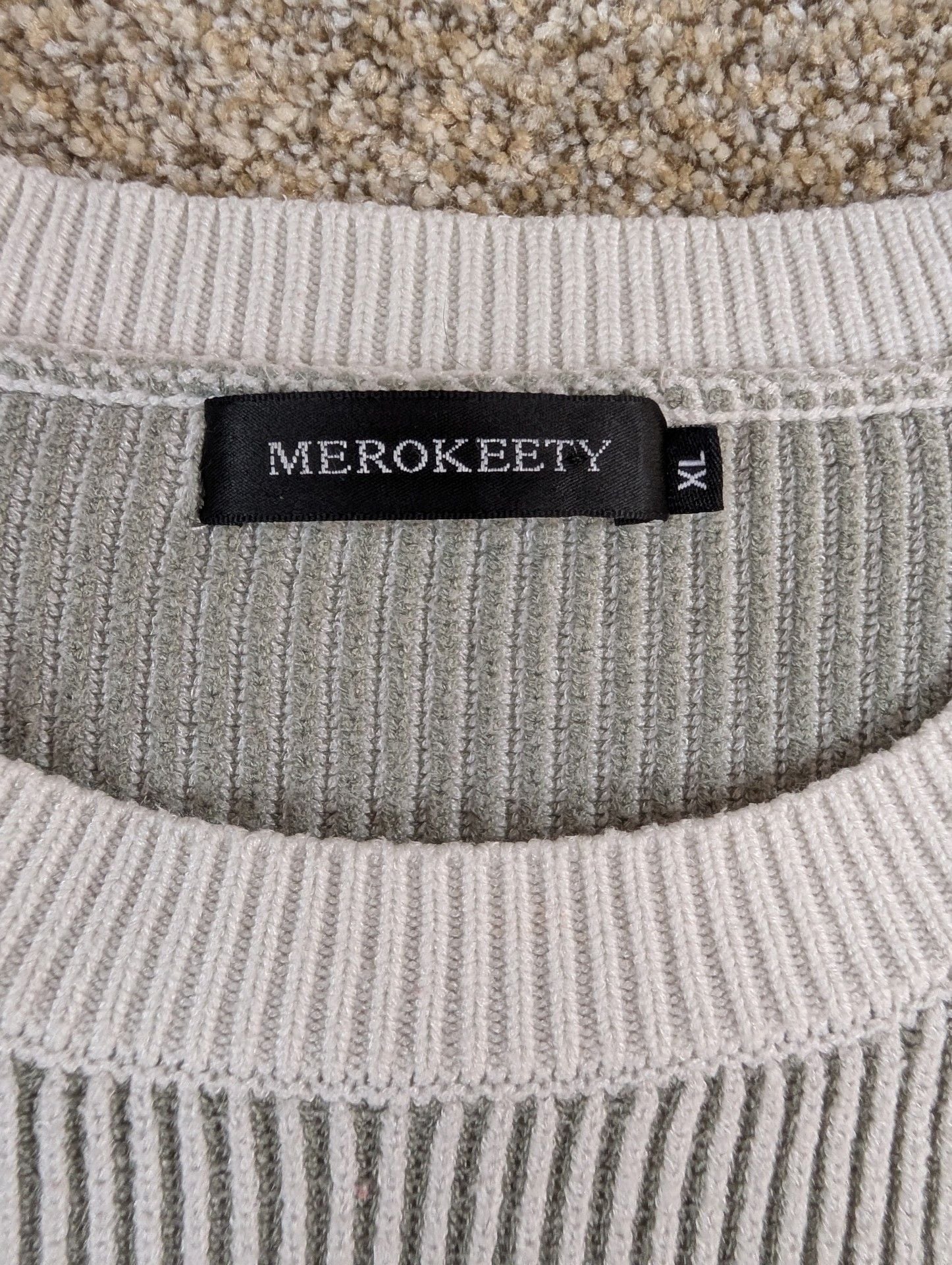 Merokeety Ribbed Knit Sweater Size XL Green Cream Striped Long Sleeve 3