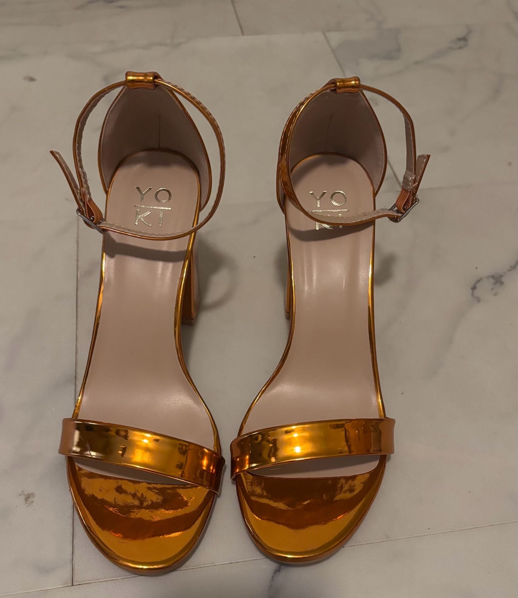 YOKI Friday-88 Orange Patent Ankle Strap Block Heel Sandals 7