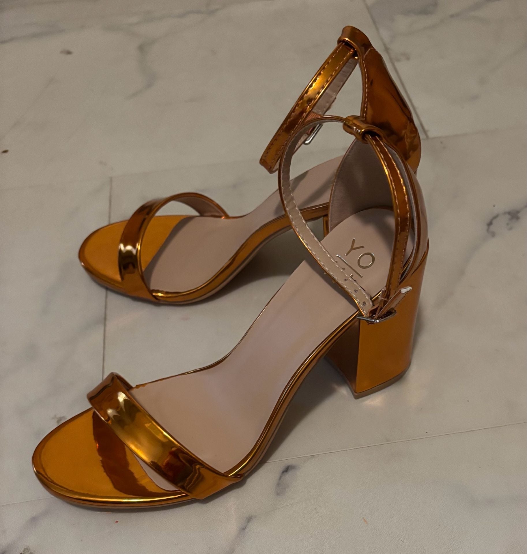 YOKI Friday-88 Orange Patent Ankle Strap Block Heel Sandals 8