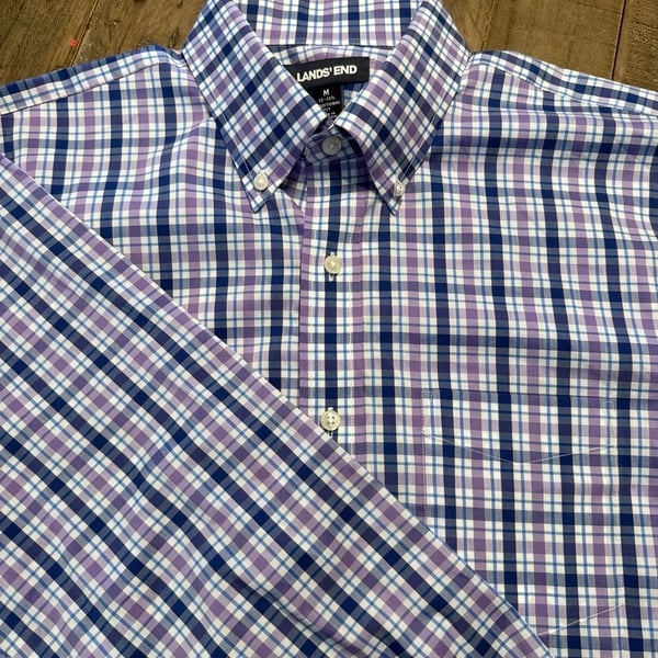 Lands' End Button Down Shirt Size M 15-15.5 Traditional Fit Plaid Blue Purple