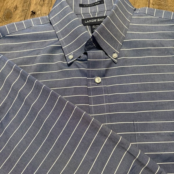 Lands' End No Iron Pinpoint Oxford Button-Down Shirt Size 15 1/2-33 Blue Striped
