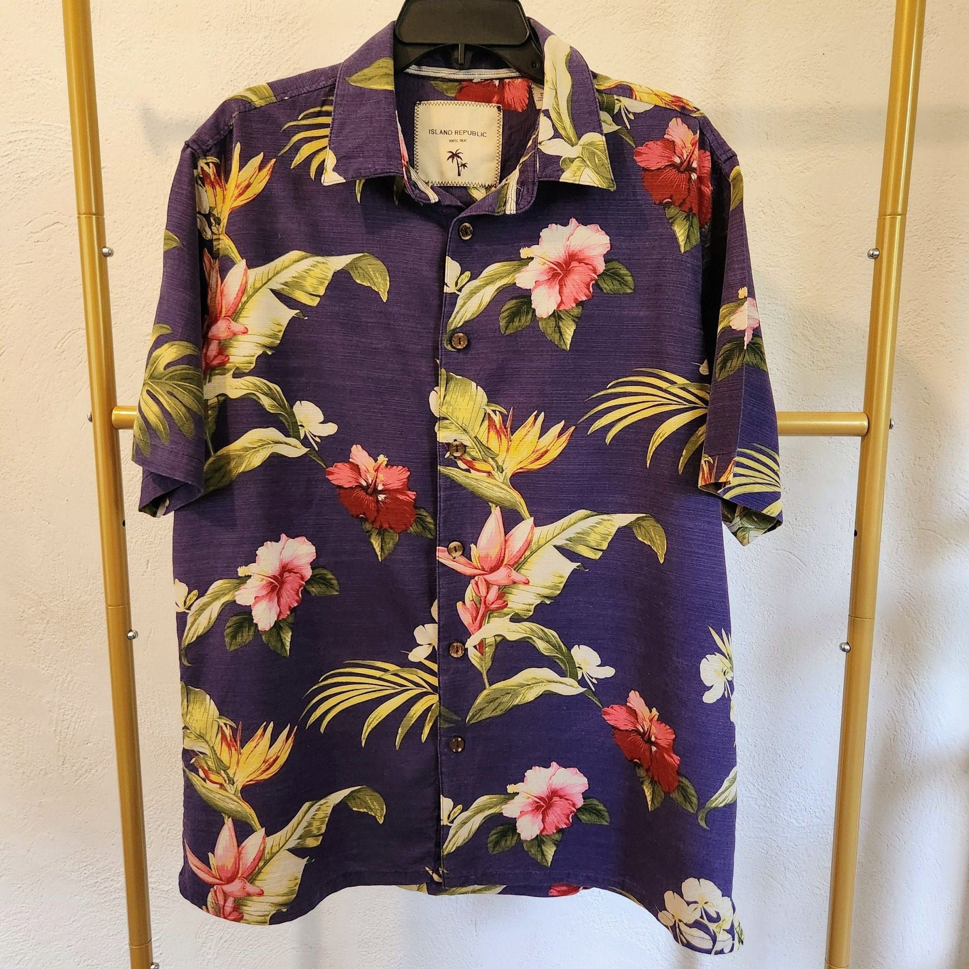 Island Republic Silk Hawaiian Shirt Size XL Purple Floral Camp Short Sleeve 2