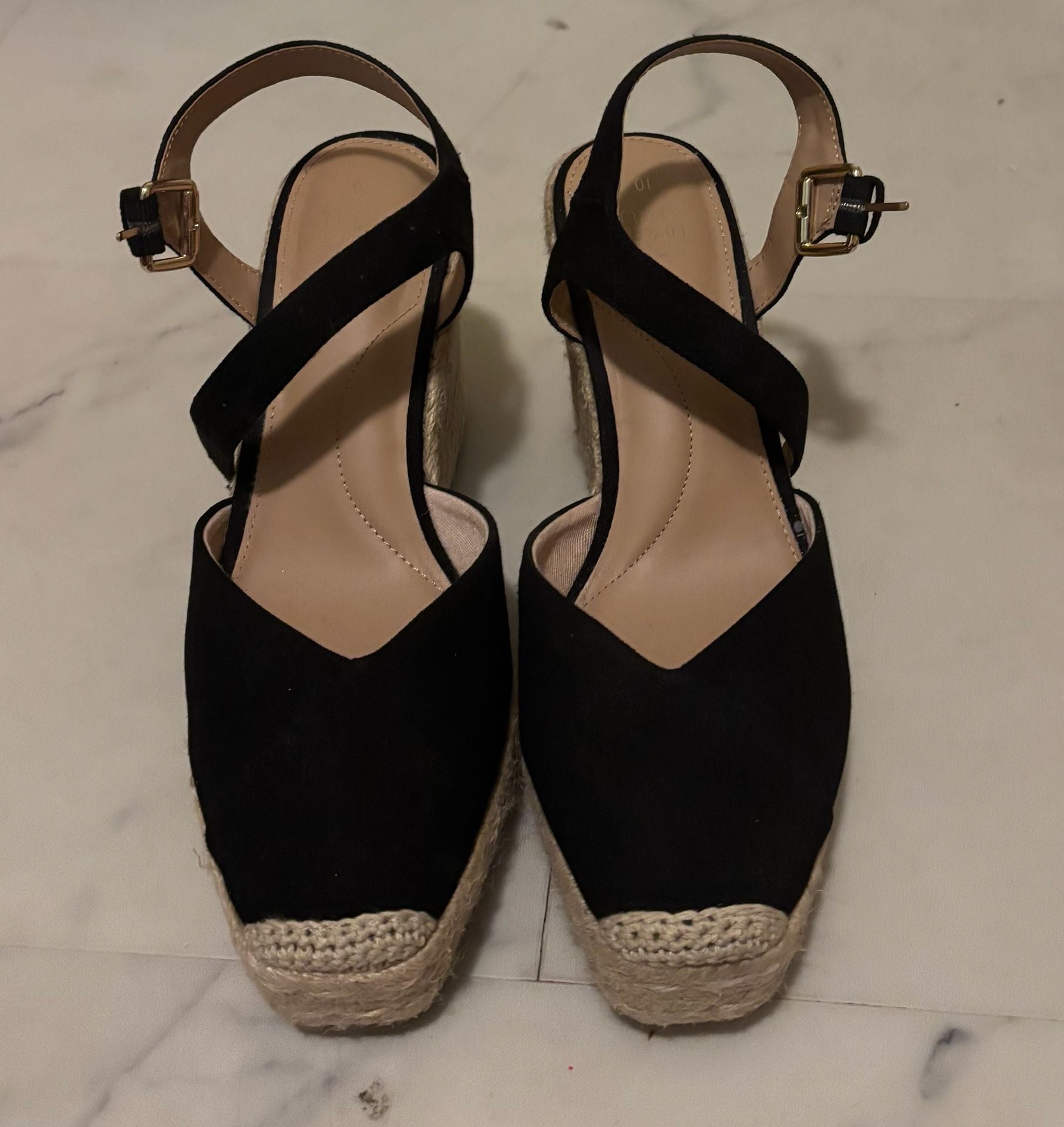 Time & Tru Black Espadrille Wedge Sandals Size 10 2
