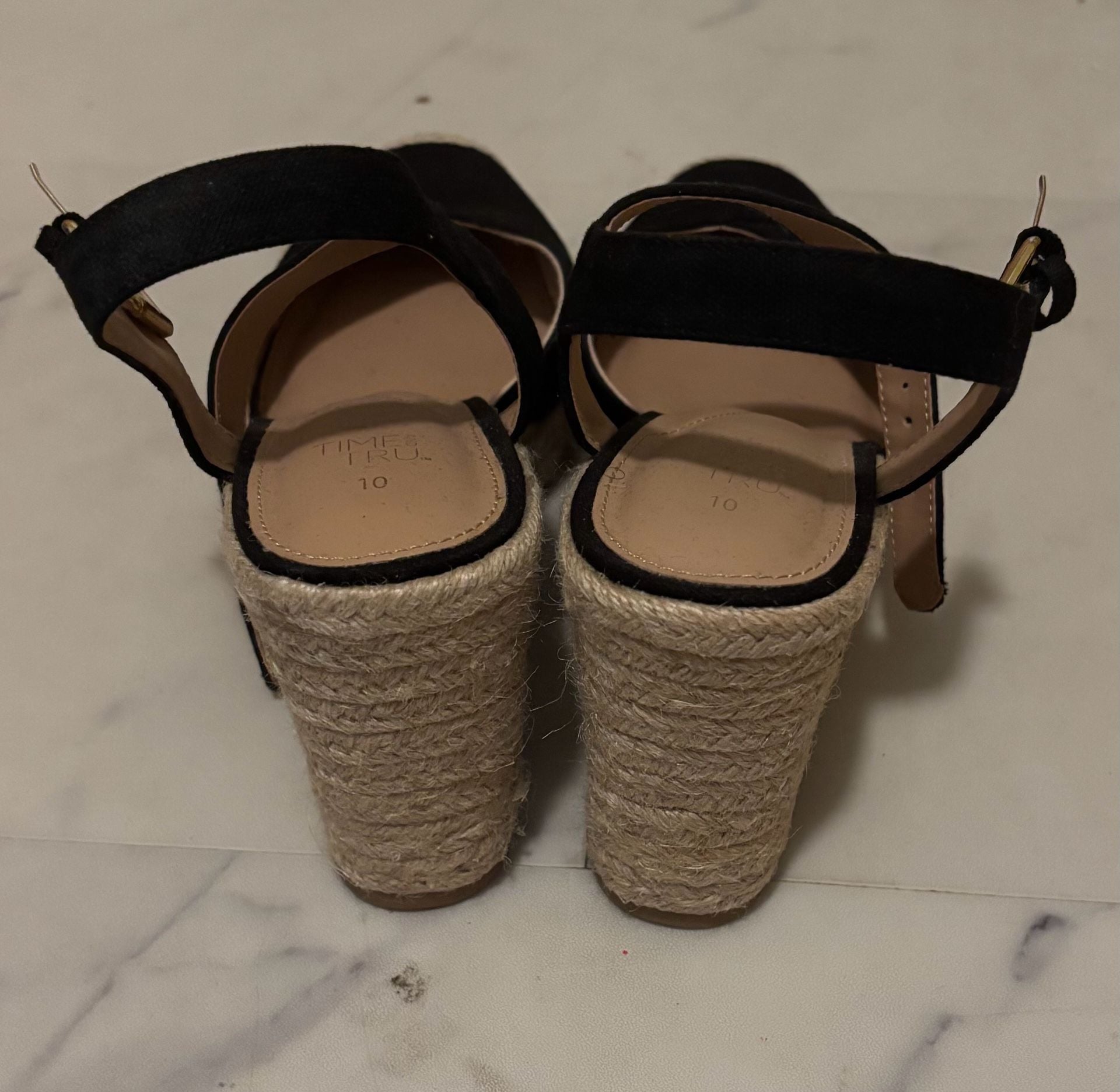 Time & Tru Black Espadrille Wedge Sandals Size 10 3