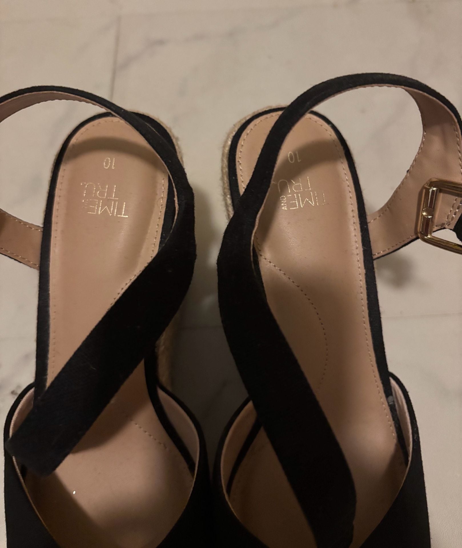 Time & Tru Black Espadrille Wedge Sandals Size 10 6