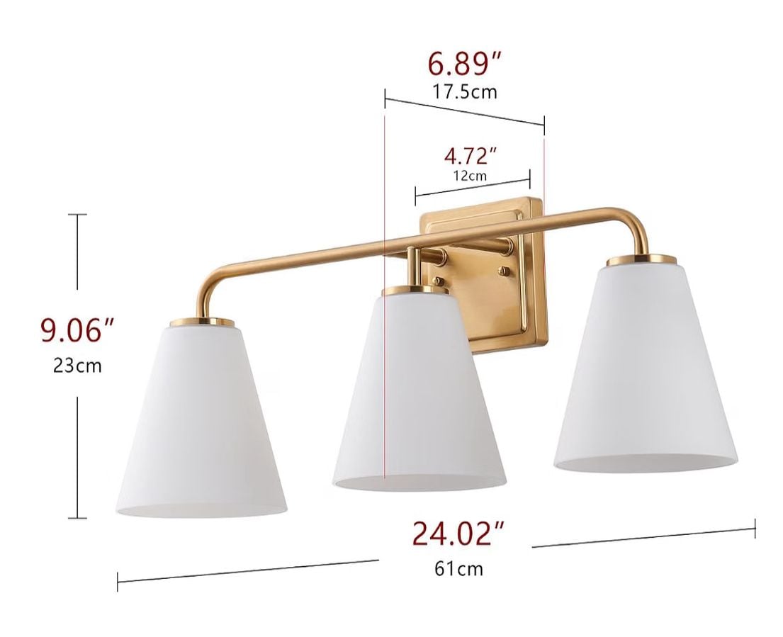 Aiwen 3-Light Brass Bathroom Vanity Light White Cone Glass Shade 7