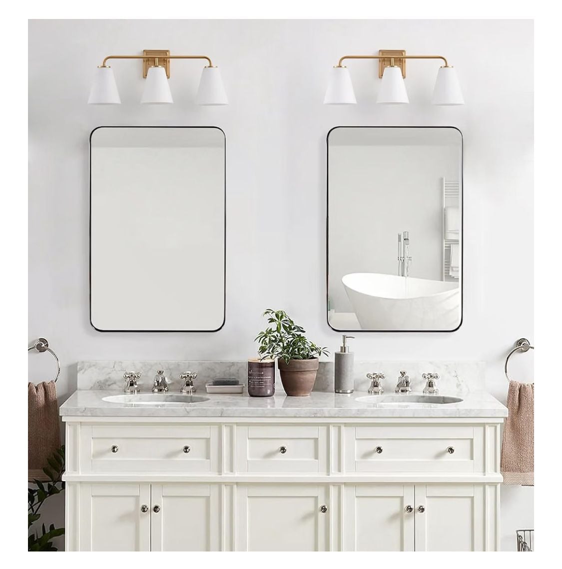 Aiwen 3-Light Brass Bathroom Vanity Light White Cone Glass Shade 6