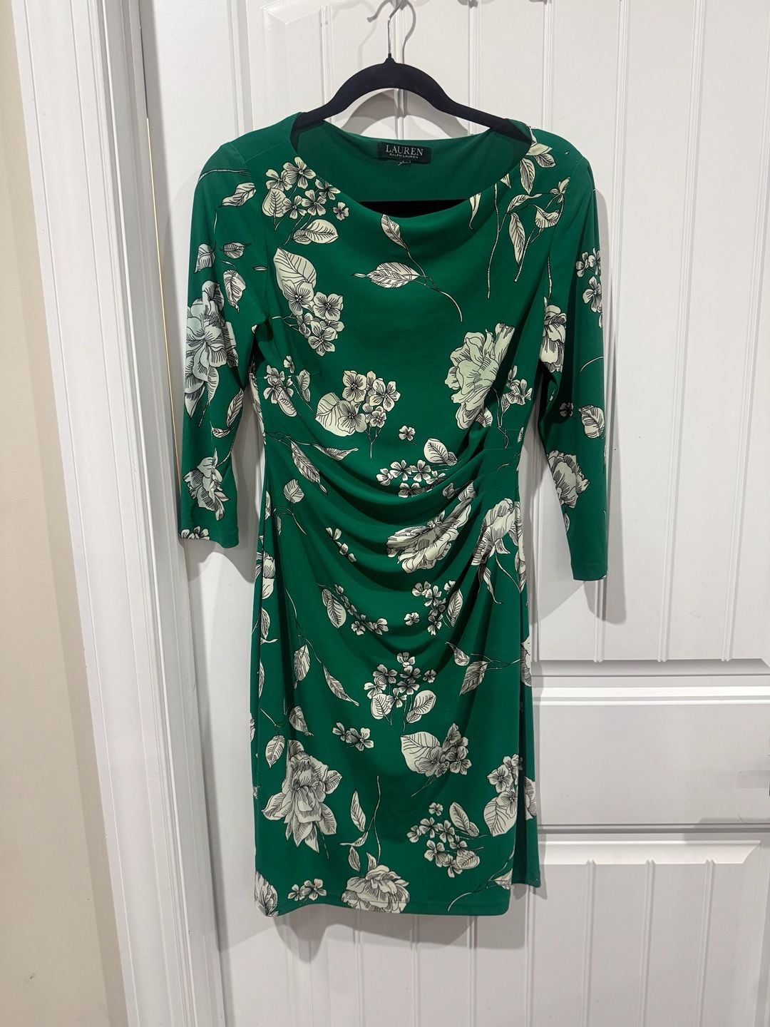 Lauren Ralph Lauren Green Floral Ruched Cowl Neck Stretch Sheath Dress 3