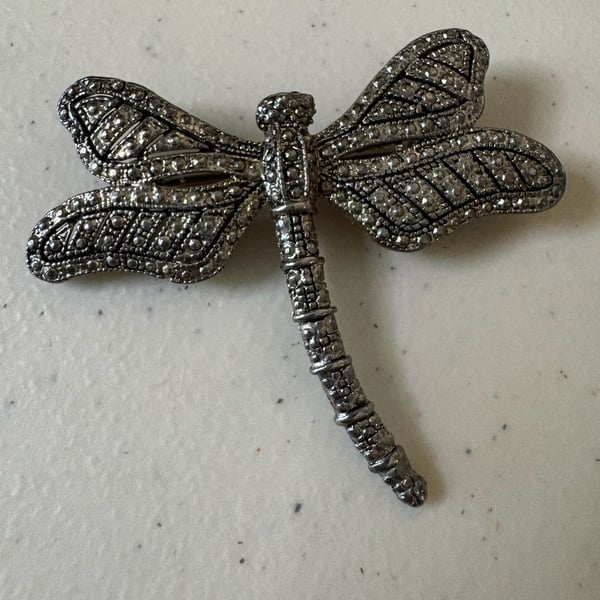 Luminous Vintage Dragonfly Brooch Pin Silver Tone