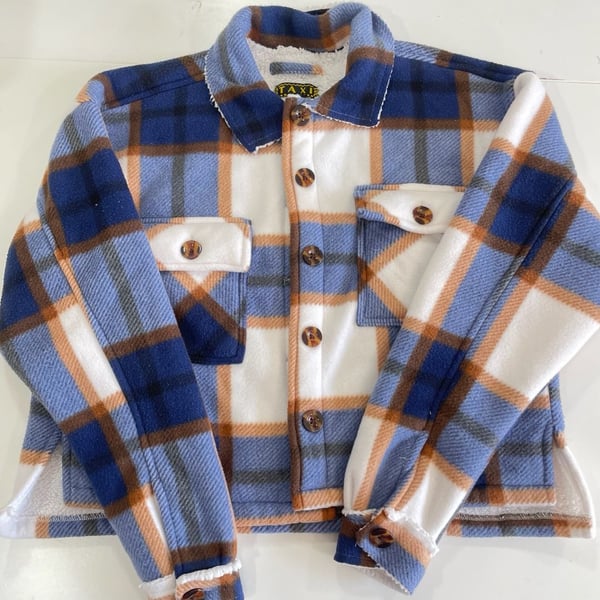 TAXI Plaid Sherpa Lined Shacket Jacket Size S Blue White Brown