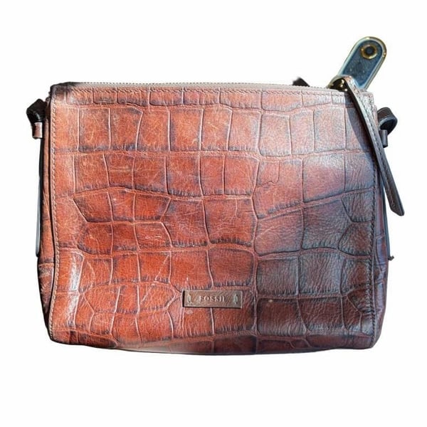 Fossil Croc Embossed Brown Leather Crossbody Bag