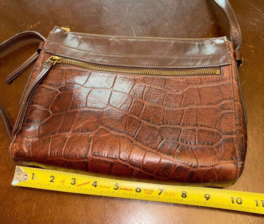 Fossil Croc Embossed Brown Leather Crossbody Bag 16