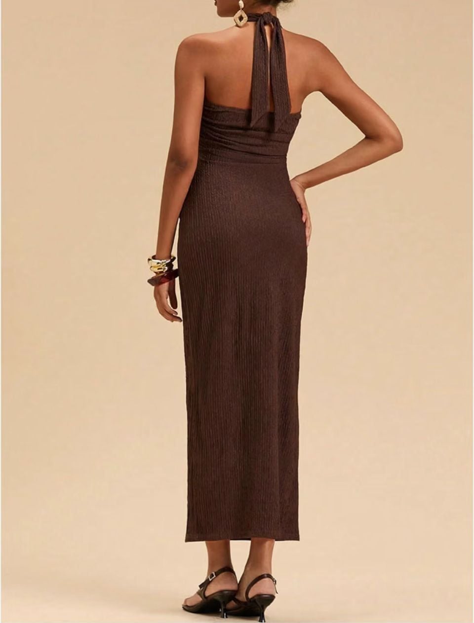 Milumia Chocolate Textured Beaded Detail Halterneck Maxi Dress Size Medium New 4