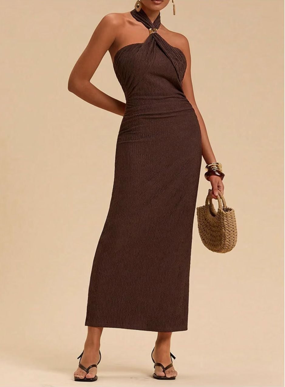 Milumia Chocolate Textured Beaded Detail Halterneck Maxi Dress Size Medium New 6