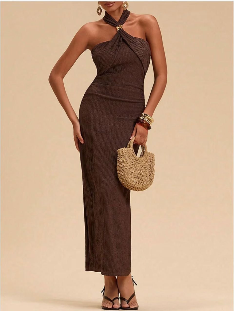 Milumia Chocolate Textured Beaded Detail Halterneck Maxi Dress Size Medium New 7