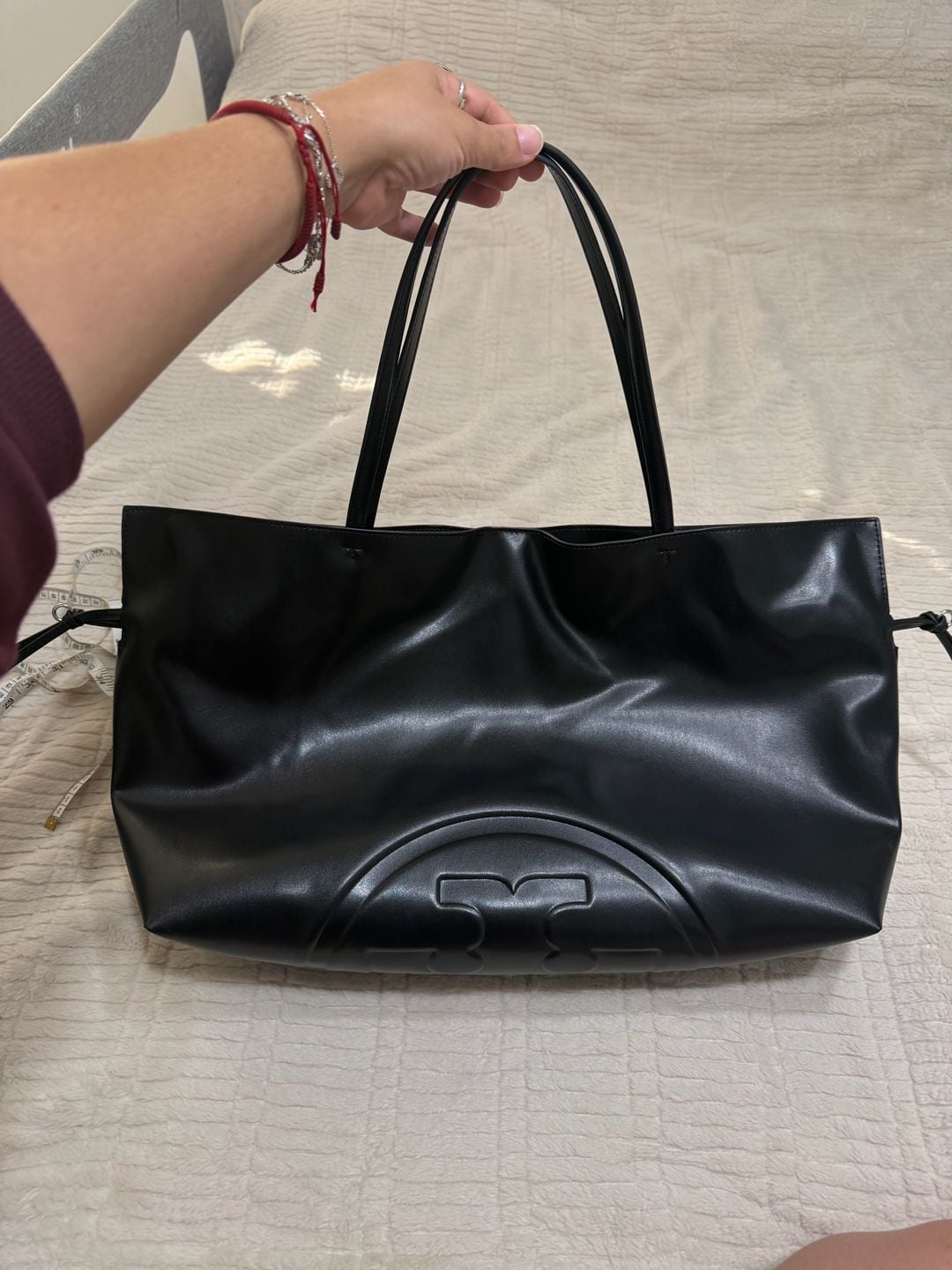 Tory Burch Ella Natuura Drawstring Tote Black Patent Leather 2
