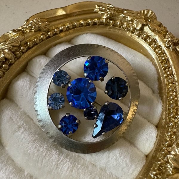 Vintage Blue Rhinestone Brooch Made in Germany Circular Design