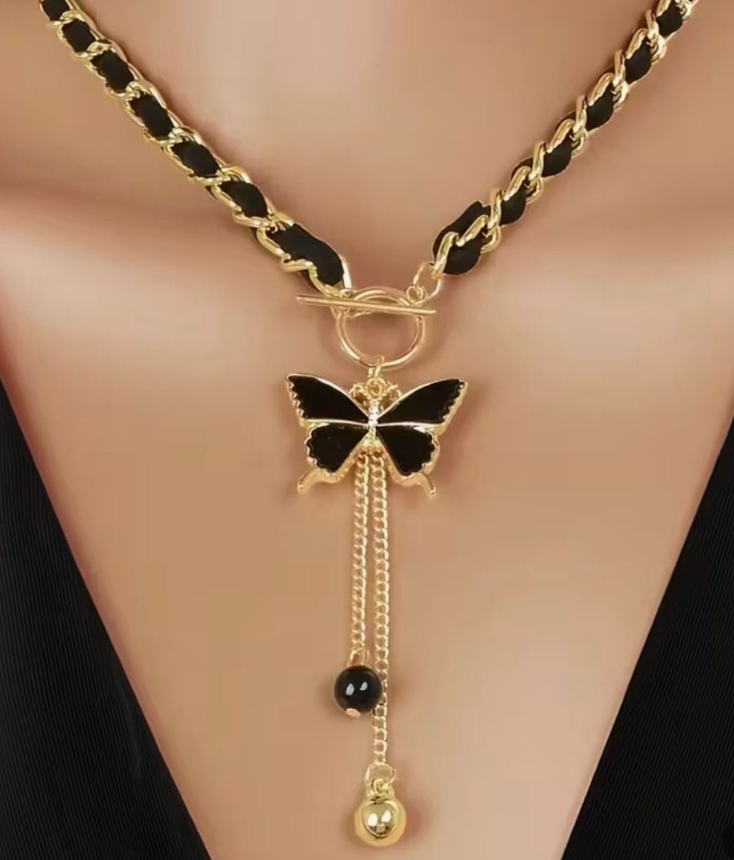Butterfly Tassel Pendant Necklace Gold Black Chain 2