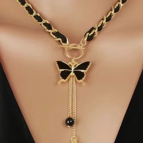 Butterfly Tassel Pendant Necklace Gold Black Chain