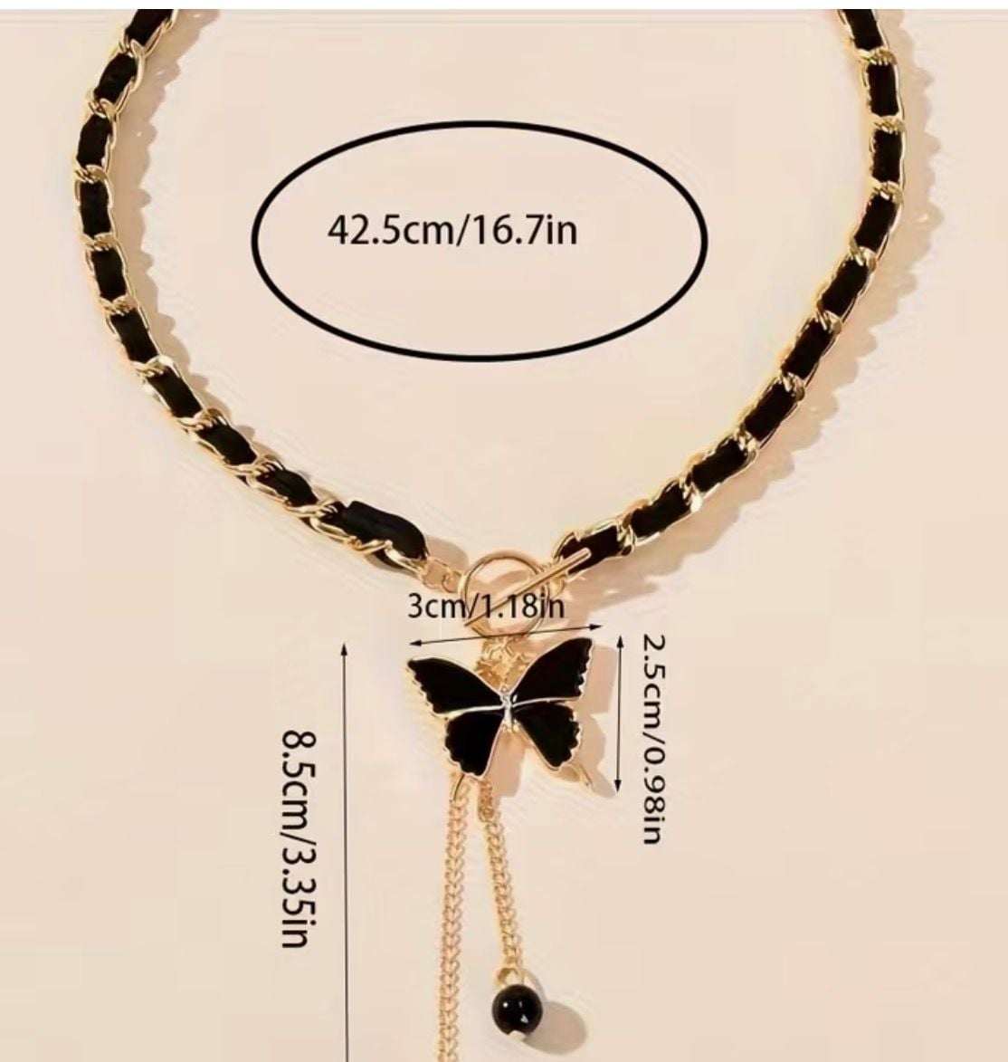 Butterfly Tassel Pendant Necklace Gold Black Chain 5