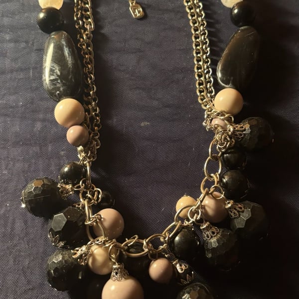 80's Downtown Vampire Black, Angel White, See Through Crystals, & Tarnished Silver Colored Beads Free Form Collar Necklace! - ,