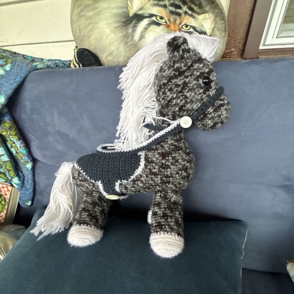 Handmade Crochet Horse Amigurumi Toy Plush Pony Grey Moss