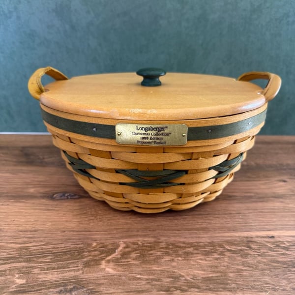Longaberger Christmas Collection 1999 Popcorn Basket Green Liner Lid