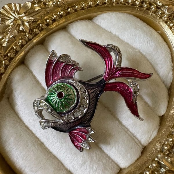Czechoslovakia Enamel Fish Brooch with Green Eye and Rhinestones