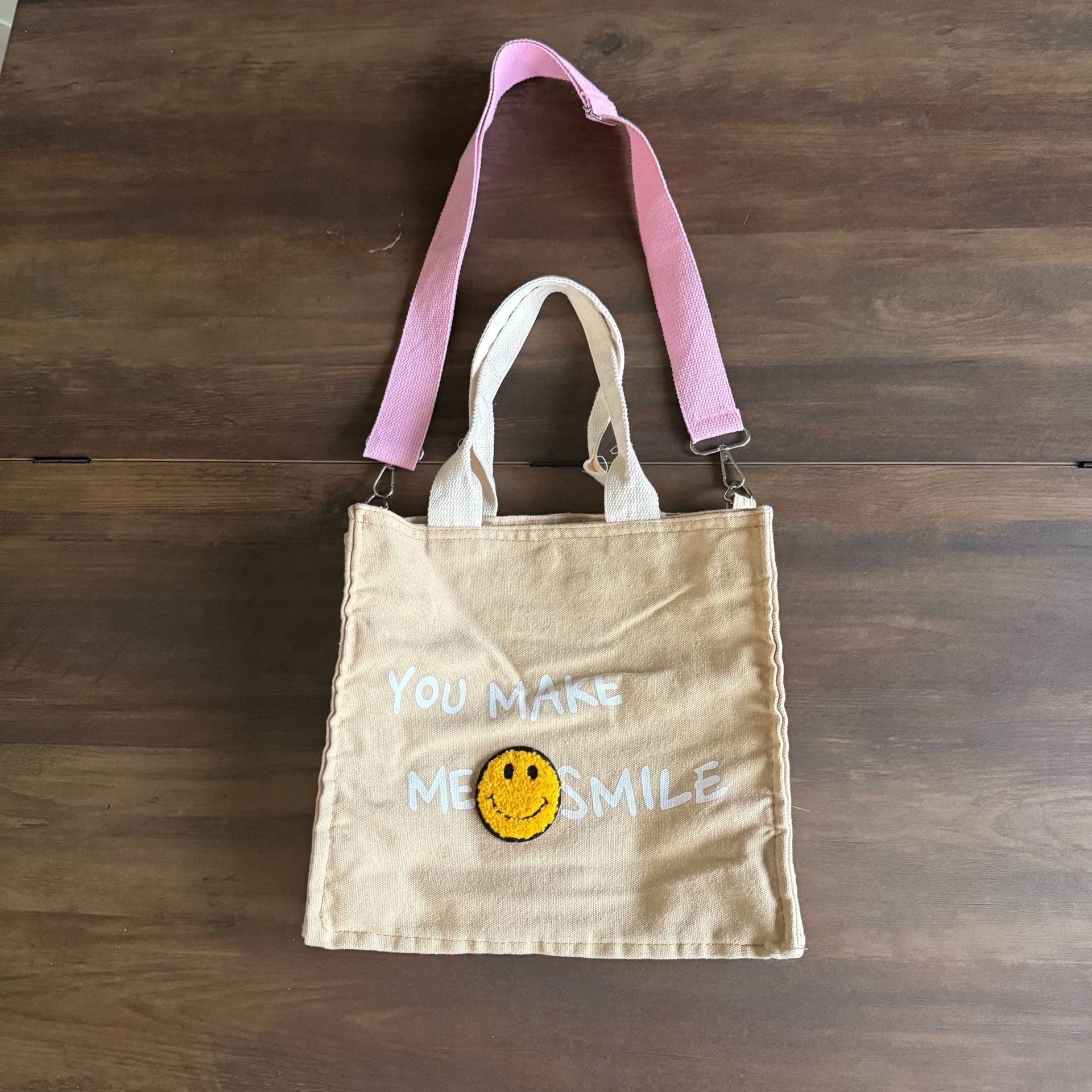Canvas Tote Bag You Make Me Smile Pink Strap Smiley Patch 2