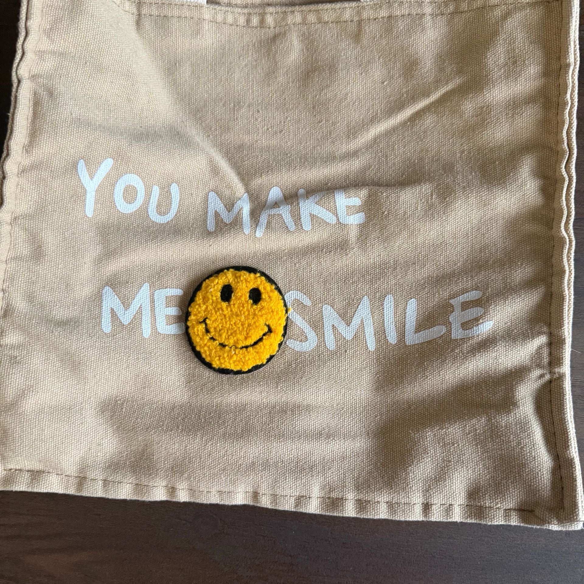 Canvas Tote Bag You Make Me Smile Pink Strap Smiley Patch 3