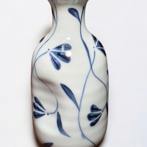 Takahashi San Francisco Japanese Blue and White Ceramic Vase with Floral Pattern