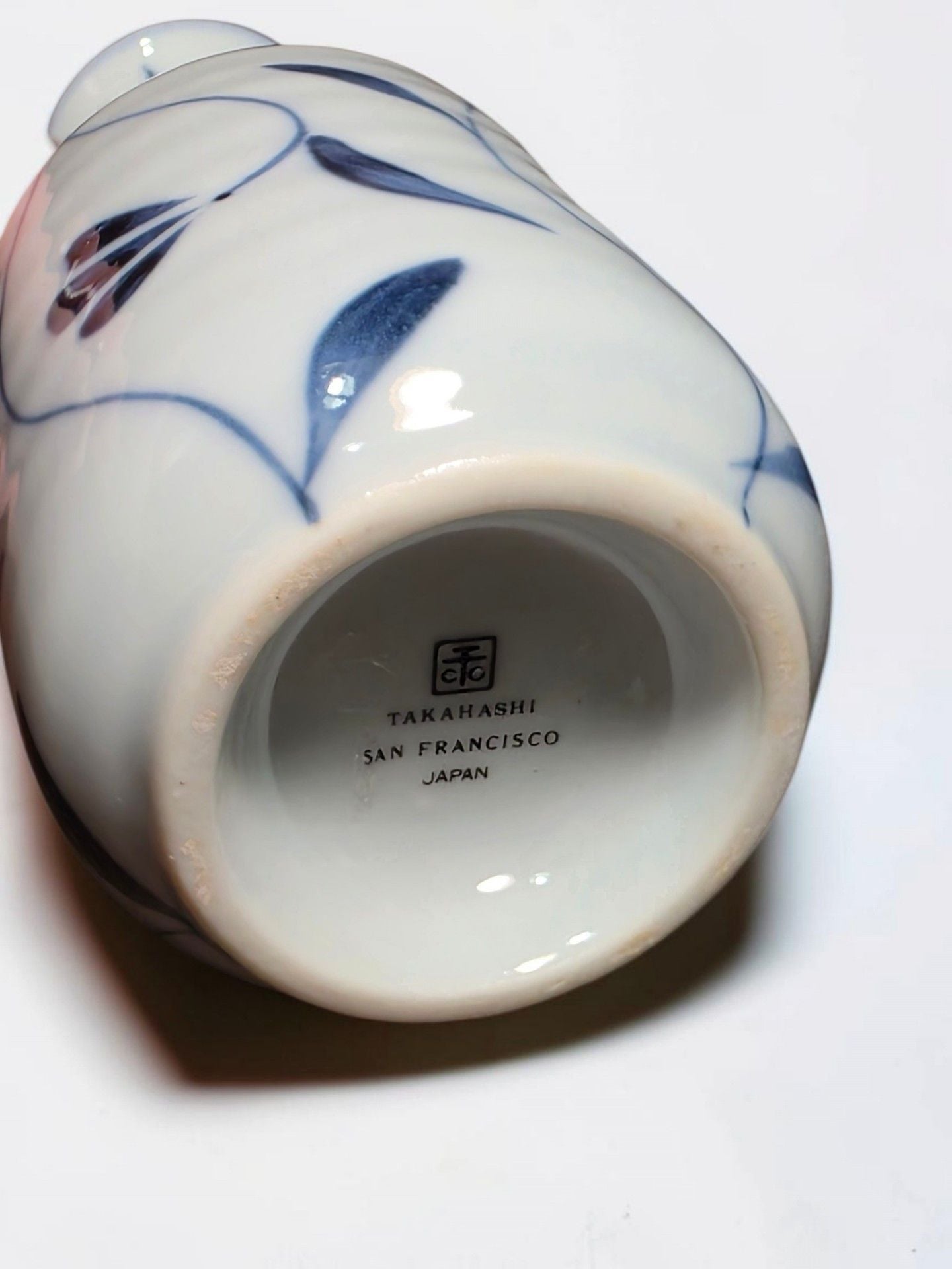 Takahashi San Francisco Japanese Blue and White Ceramic Vase with Floral Pattern 6