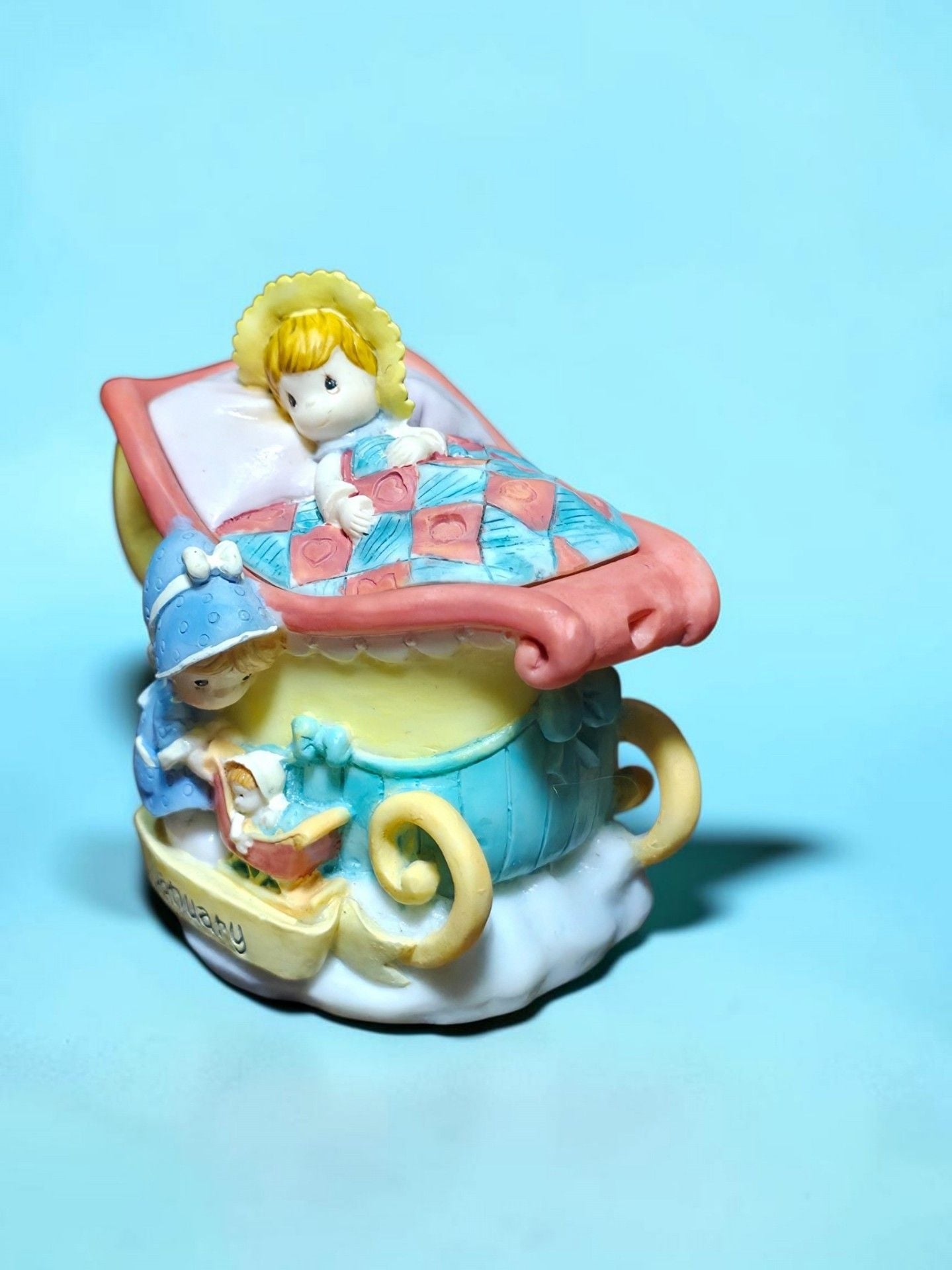 Precious Moments January Mini Teapot Figurine 1999 Resin Baby Sled 1