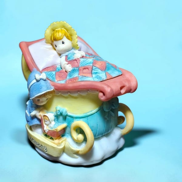 Precious Moments January Mini Teapot Figurine 1999 Resin Baby Sled