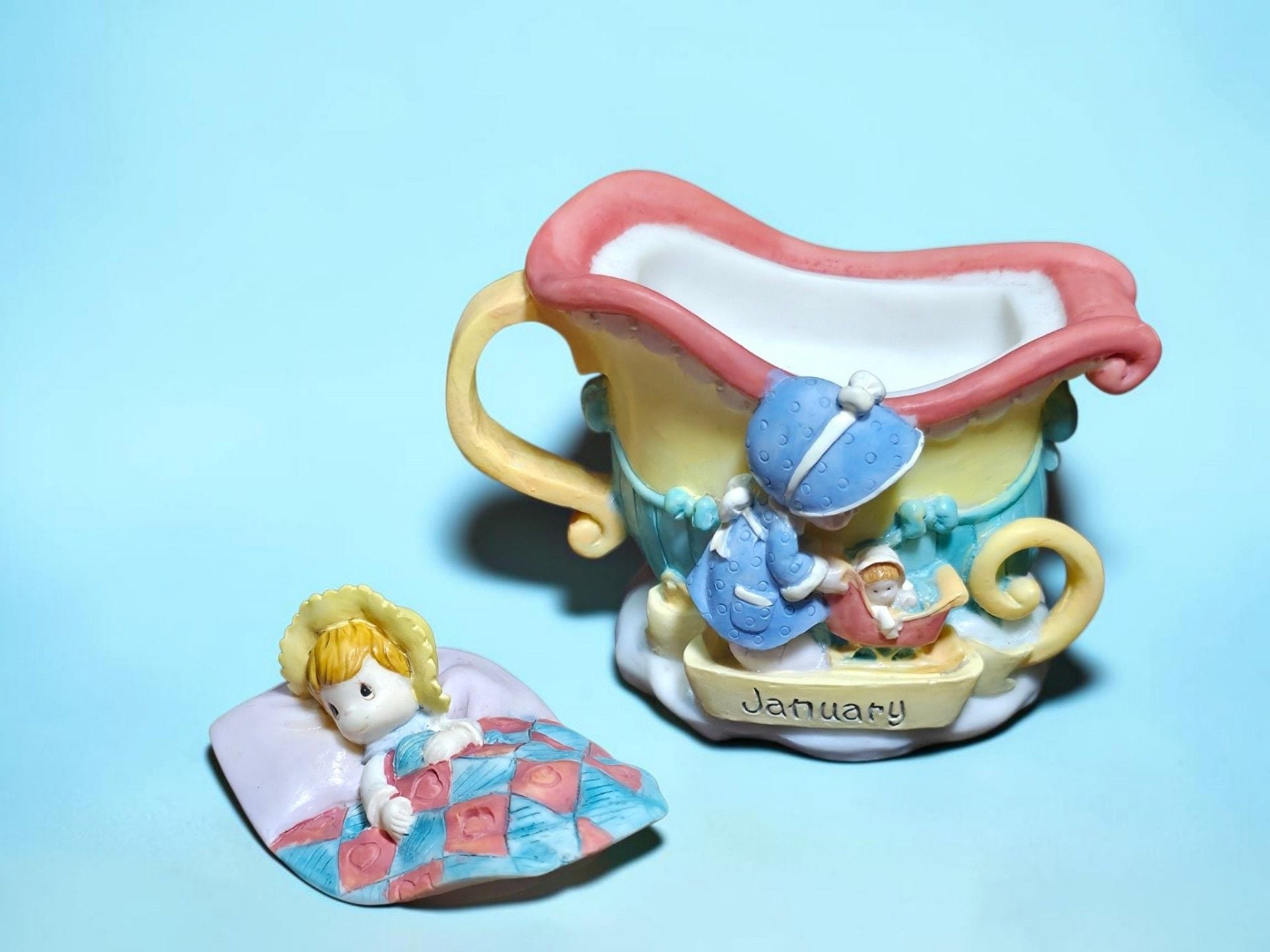 Precious Moments January Mini Teapot Figurine 1999 Resin Baby Sled 4