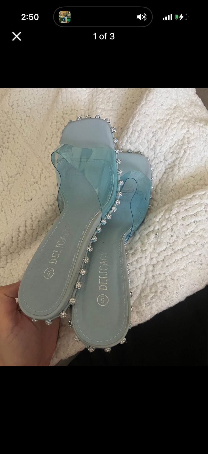 Blue PVC Square Toe Rhinestone Trim Mules Sandals with Cone Heel, 1