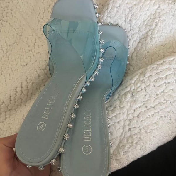 Blue PVC Square Toe Rhinestone Trim Mules Sandals with Cone Heel,