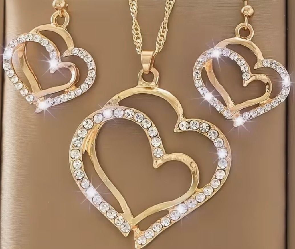 3 Pcs Set Heart Shaped Jewelry Set Of Earrings Pendant Necklace For Women Exquisite Fashion Rhinestone Double Heart Jewelry Set - .com, 1