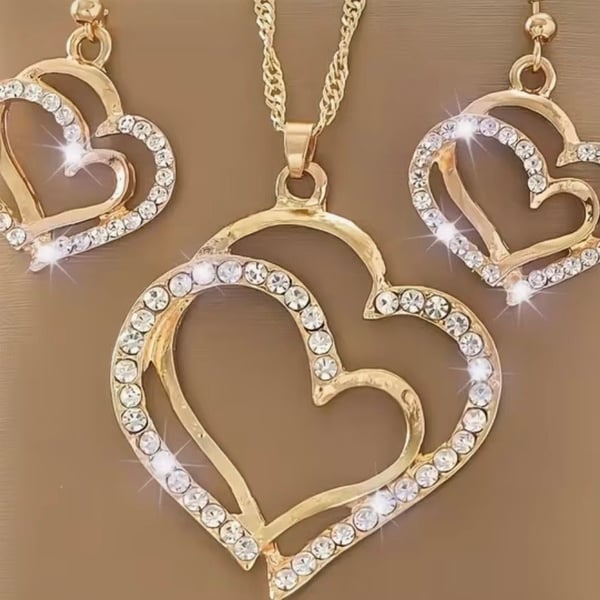 3 Pcs Set Heart Shaped Jewelry Set Of Earrings Pendant Necklace For Women Exquisite Fashion Rhinestone Double Heart Jewelry Set - .com,