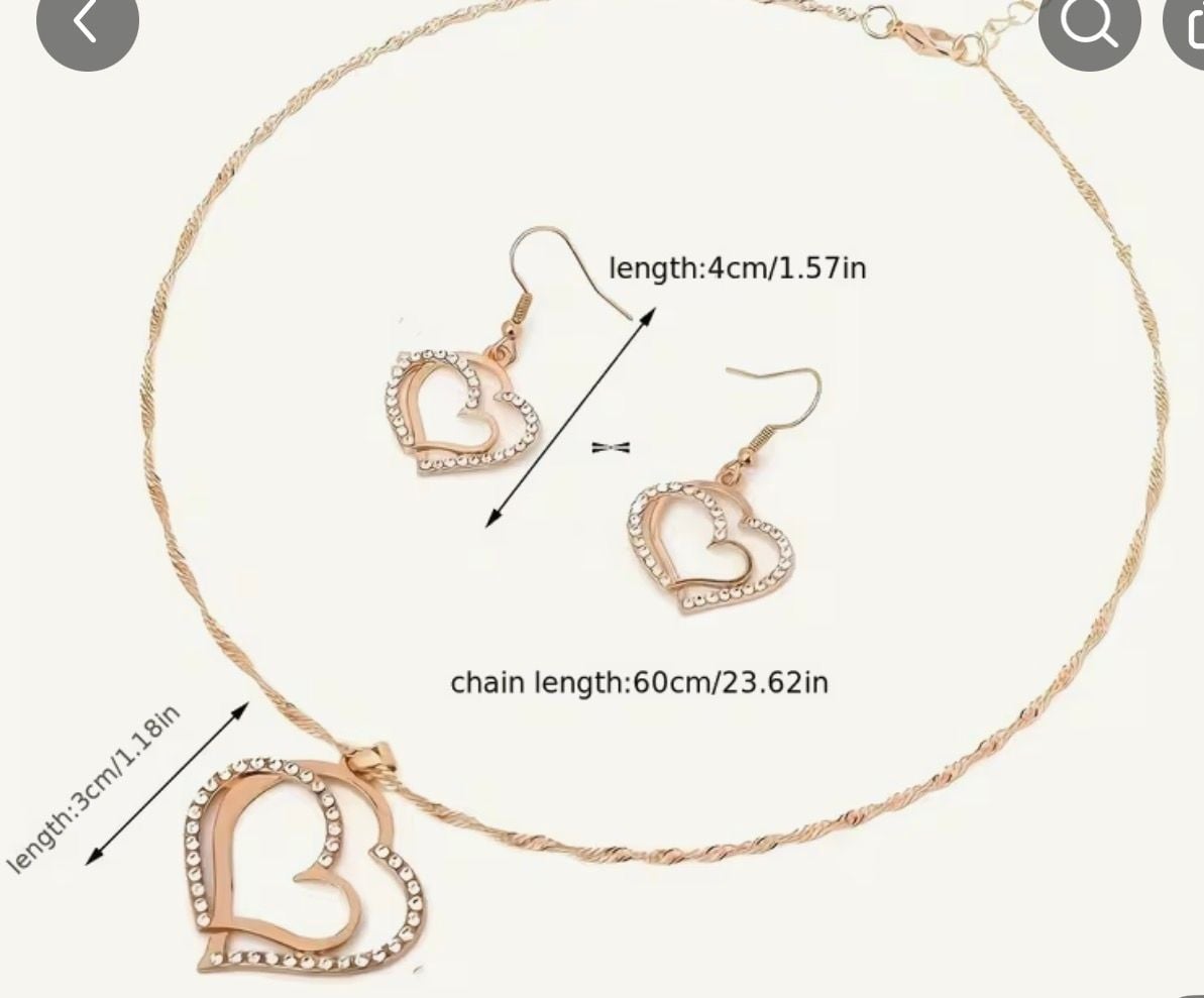 3 Pcs Set Heart Shaped Jewelry Set Of Earrings Pendant Necklace For Women Exquisite Fashion Rhinestone Double Heart Jewelry Set - .com, 2